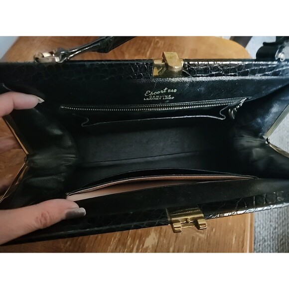 Black Escort Genuine Leather Inside Structured Frame Handbag Purse Alligator Fon - Picture 6 of 16